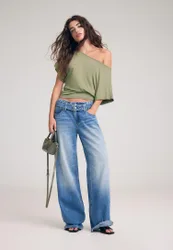 Wide-Leg-Jeans mit doppelter Taille MITTELBLAUER DENIM-WASHED-LOOK 32