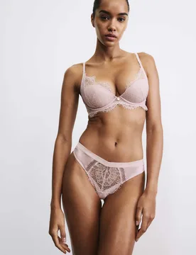 Saffron Satin & Lace Thong Pink female - Rosie - FashionsVida