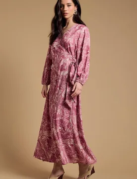 Floral V Neck Maxi Wrap Dress - Pink - Size: 10 - OASIS - FashionsVida
