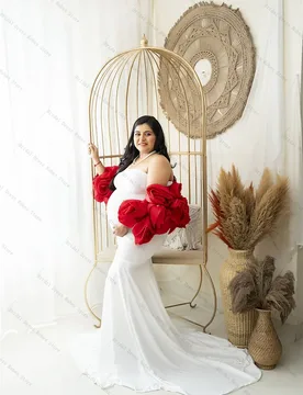 White Women Pregnant Prom Dress For Photoshoot Red Cape Wrap 3D Flower Sexy Sleeveless Bridal Morning Robe Customized Night Gown - Aliexpress - FashionsVida