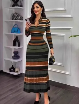 Color Blocking Striped Printed Knitted Zipper Dress Autumn Winter Women's Clothing New Casual Long Woolen Frock Ropa Mujer - Aliexpress - FashionsVida