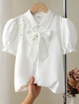Blusa de manga corta blanca para niñas preadolescentes, elegante y con decoración de lazo desmontable, mangas farol abultadas, adornos de perlas fal - Shein - FashionsVida