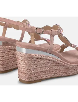 Sandalias de cuña de mujer de esparto en piel con tira en T en pedreria - Alma en Pena - FashionsVida