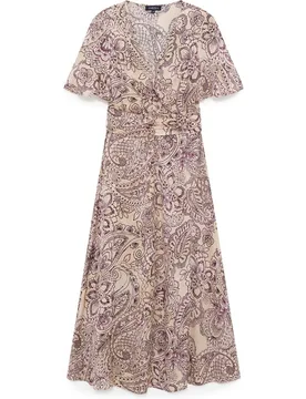 Vestido midi con manga corta y cinturón fruncido - Caroll - FashionsVida