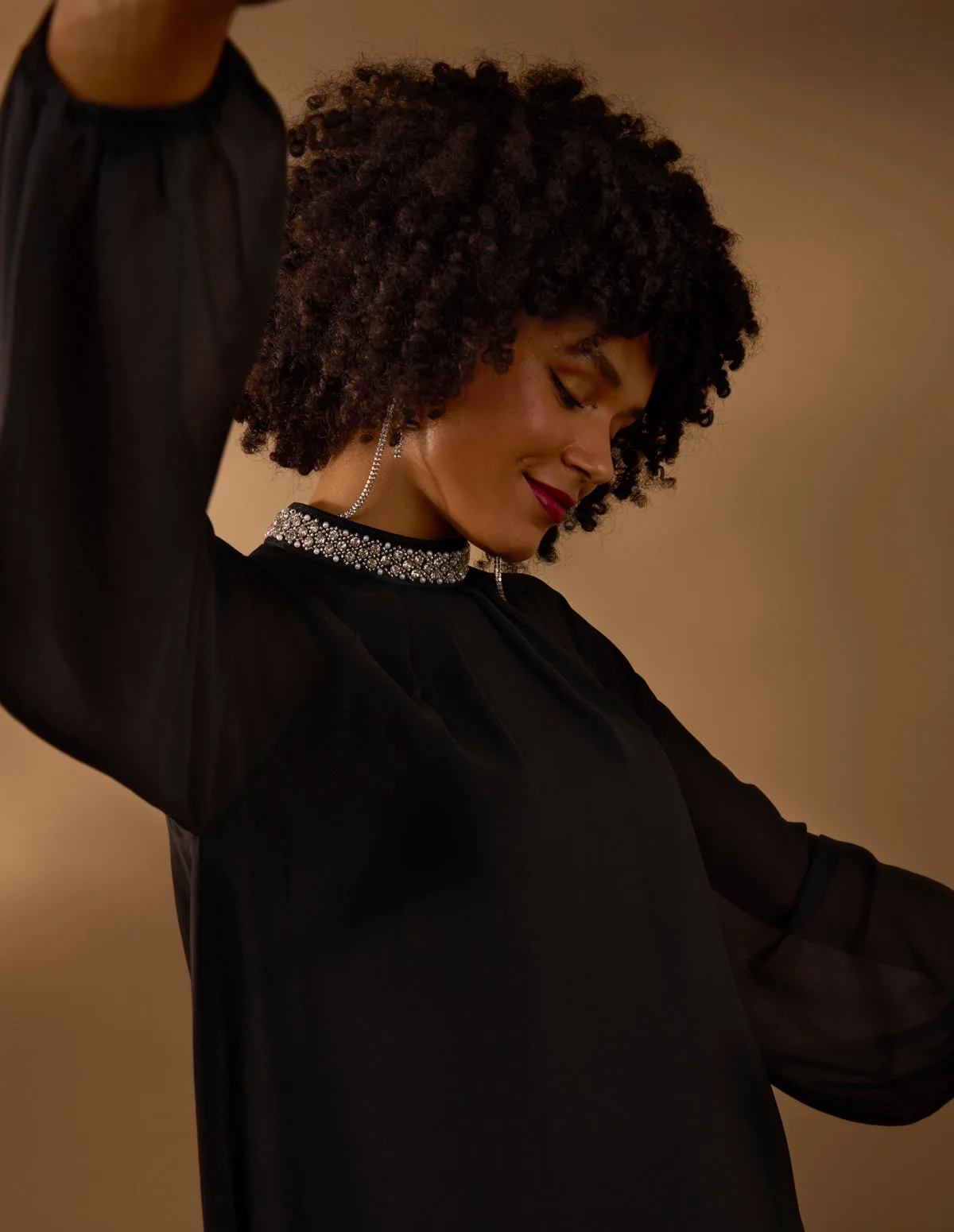 Embellished Collar Tunic Top - S / BLACK - female - Blue Vanilla - FashionsVida