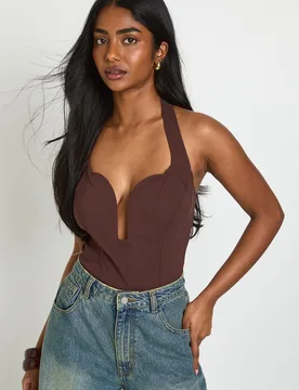 Womens Bengaline Halterneck Cut Out Corset Top - Chocolate Elastane - Size 6 Uk - Boohoo - FashionsVida