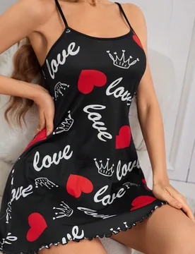 Vestido pijama de tirantes con estampado de corazón, letra y corona, adecuado para el verano, para mujer - Shein - FashionsVida