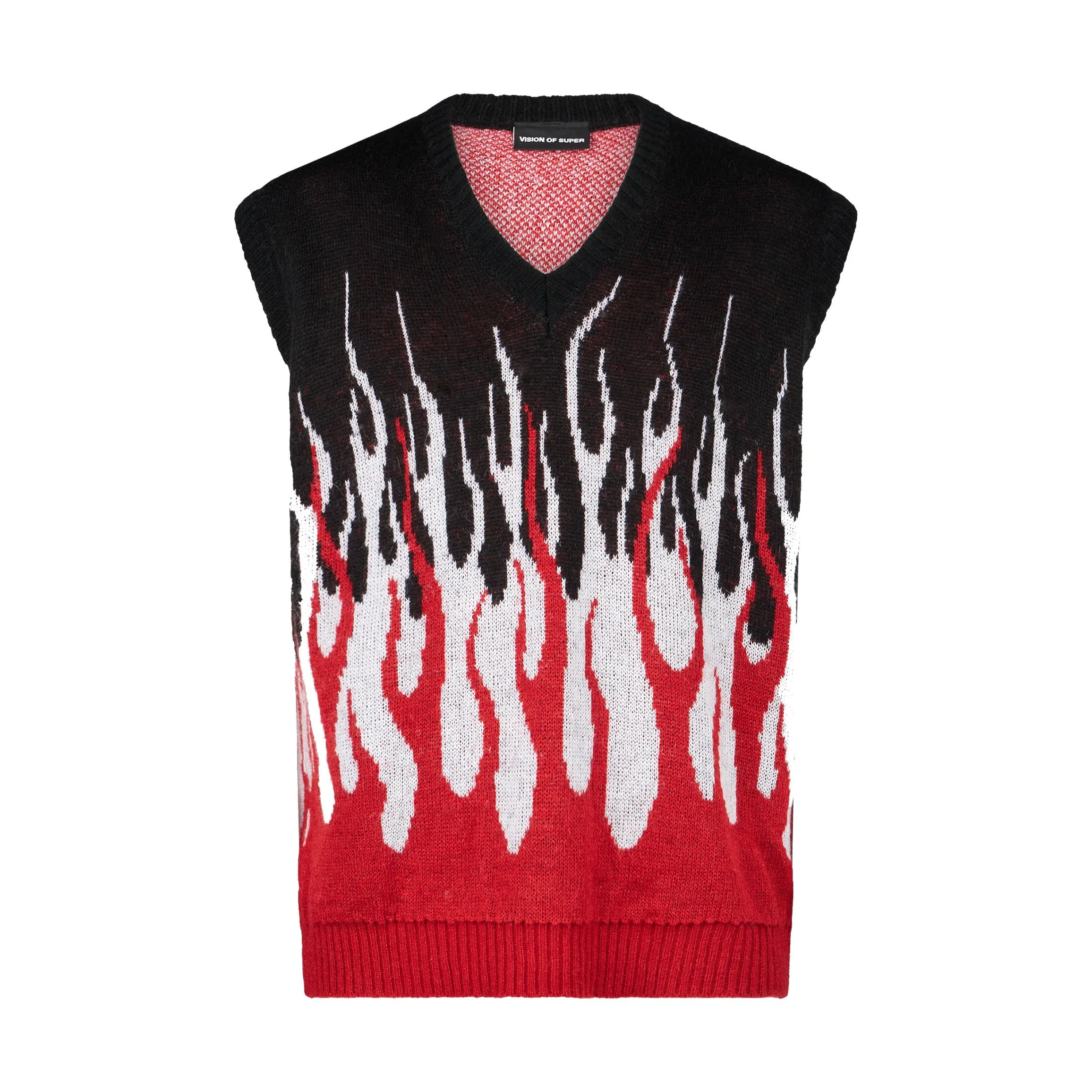 Pullover Smanicato Uomo Jacquard Flames Gilet Black/white/red - VISION OF SUPER - FashionsVida