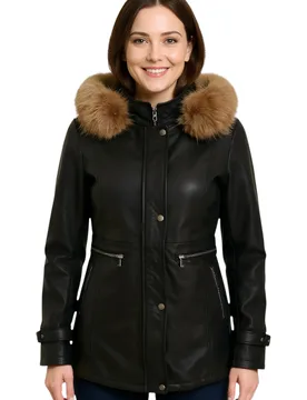 Womens Black Hooded Parka Jacket-Charleville Lamb Leather - Size 14 Uk - Infinity Leather - FashionsVida