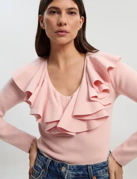 Compact Wool Look Ruffle V Neck Knit Top - Pale Pink - Size: S - Karen millen - FashionsVida