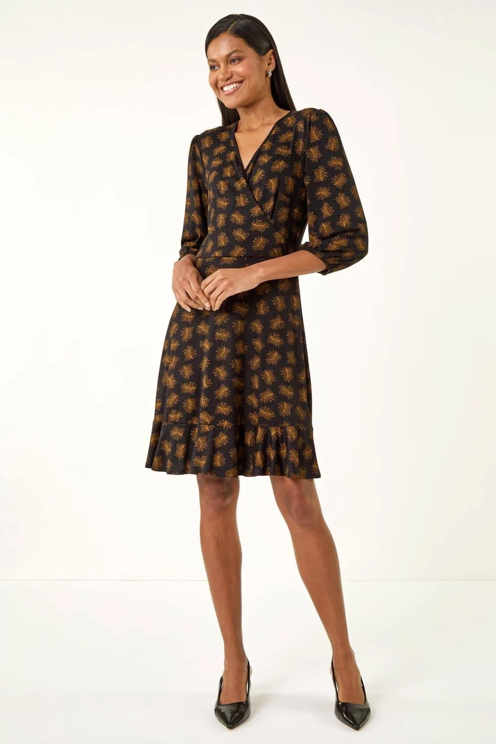 Leaf Print Wrap Stretch Dress - Bronze - Size: 20 - Roman - FashionsVida