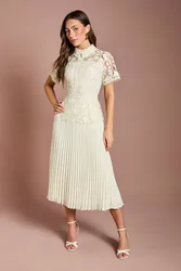 Lace Top Pleated Dress - Ivory - Size: 14