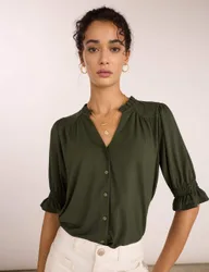 Cotton Rich V-Neck Button Through Blouse Dark Khaki female
