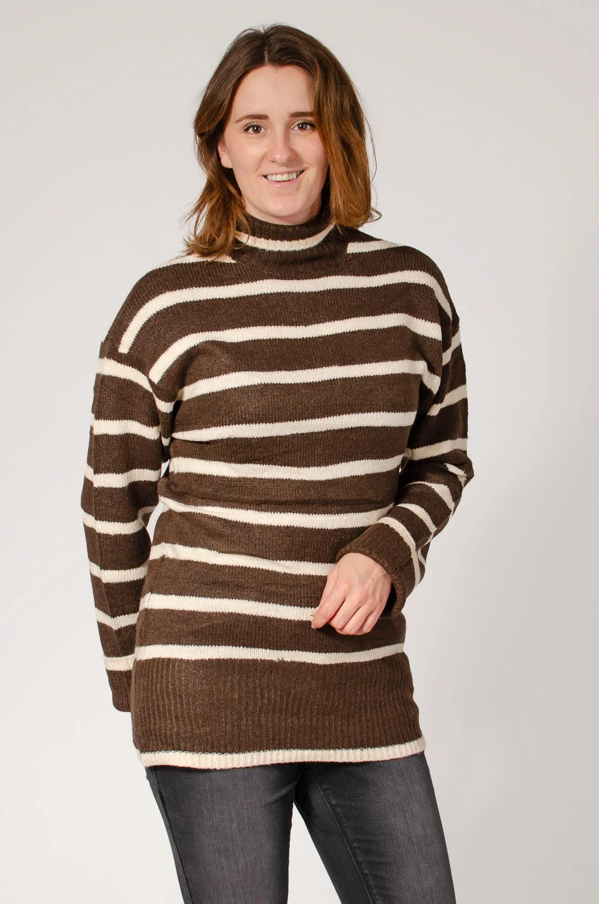 Womens Longline Striped Roll Neck Jumper - Brown - Size Small - New look - FashionsVida