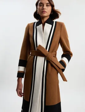 Womens Brushed Wool Colour Block Tailored Belted Midi Coat - Beige - Size 6 Uk - Karen millen - FashionsVida