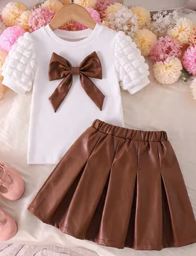 Piezas/Set Conjunto de ropa primavera/verano para niñas, top de manga corta rosa claro + falda vaquera; diseño de manga abullonada + volantes en los - Shein - FashionsVida