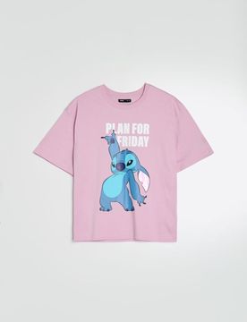 T-shirt in cotone con stampa Lilo & Stitch - lavanda