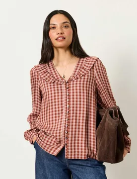 Gingham Collared V-Neck Relaxed Blouse Pink Mix female - Fatface - FashionsVida