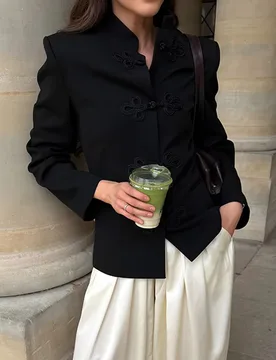 IG 2026 Women's Mandarin Collar Frog Button Cropped Blazer Jacket, Traditional Chinese Knot Fastener Structured Shoulder Long Sl - Aliexpress - FashionsVida