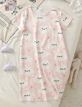 Camisón holgado de manga corta con estampado de nubes & estrellas lindo para niña joven 1 pieza ropa de casa - Shein - FashionsVida