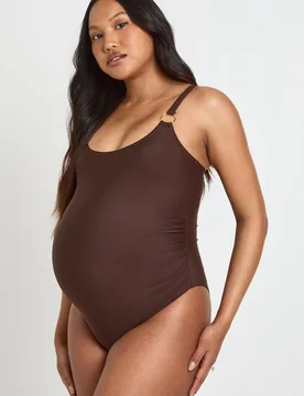 Womens Maternity Trim Detail Scoop Neck Swimsuit - Chocolate Polyamide - Size 10 Uk - Boohoo - FashionsVida