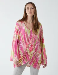 Twist Front Abstract Long Sleeve Top - ONE / FUCHSIA - female