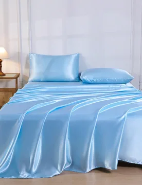Juego de 4 piezas de sábanas de satén sedoso de color azul claro premium, 1 sábana bajera & 1 sábana plana & 2 fundas de almohada Juego de protect - Shein - FashionsVida