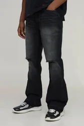 Mens Tonal Gusset Ripped Knee Slim Flared Jeans - Charcoal Cotton - Size 30r