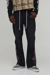 Herren Jeans Hosen Mit Kordel-Gürtel, Verziertem Print Und Ausgestelltem Bein Washed Black Größe 32