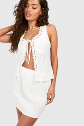 Womens Broderie Mini Skirt - White Cotton - Size 14 Uk