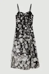 Womens Floral Applique Corset Detail Woven Midi Dress - Monochrome Multi Polyamide - Size 14 Uk