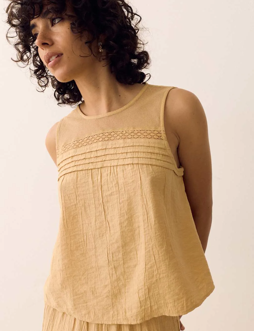 Lace Insert Mesh Yoke Sleeveless Top Sandstone female - Per Una - FashionsVida