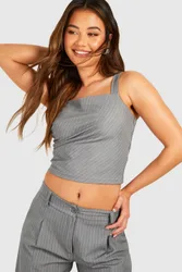 Womens Pinstripe Drape Shoulder Square Neck Top - Grey - Size 12 Uk