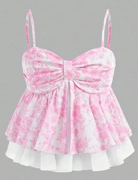 Camiseta sin mangas informal y cómoda con estampado floral y volante en el bajo para niñas preadolescentes - Shein - FashionsVida