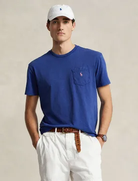 T-shirt blu royal mezza manica in misto cotone e lino con taschino al petto - Ralph Lauren - FashionsVida