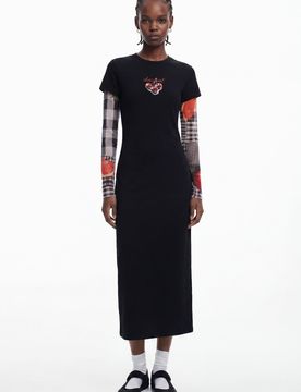 Robe midi côtelée cerises, Coton, Noir, XS