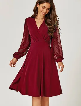 V Neck Midi Dress With Sheer Long Sleeve - Dark Red - Size: L - FS Collection - FashionsVida
