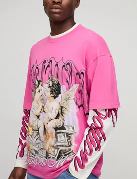 Herren Oversized Strass Großformat-Grafik Faux-Ärmel T-Shirt Pink Größe Medium - boohooMAN - FashionsVida