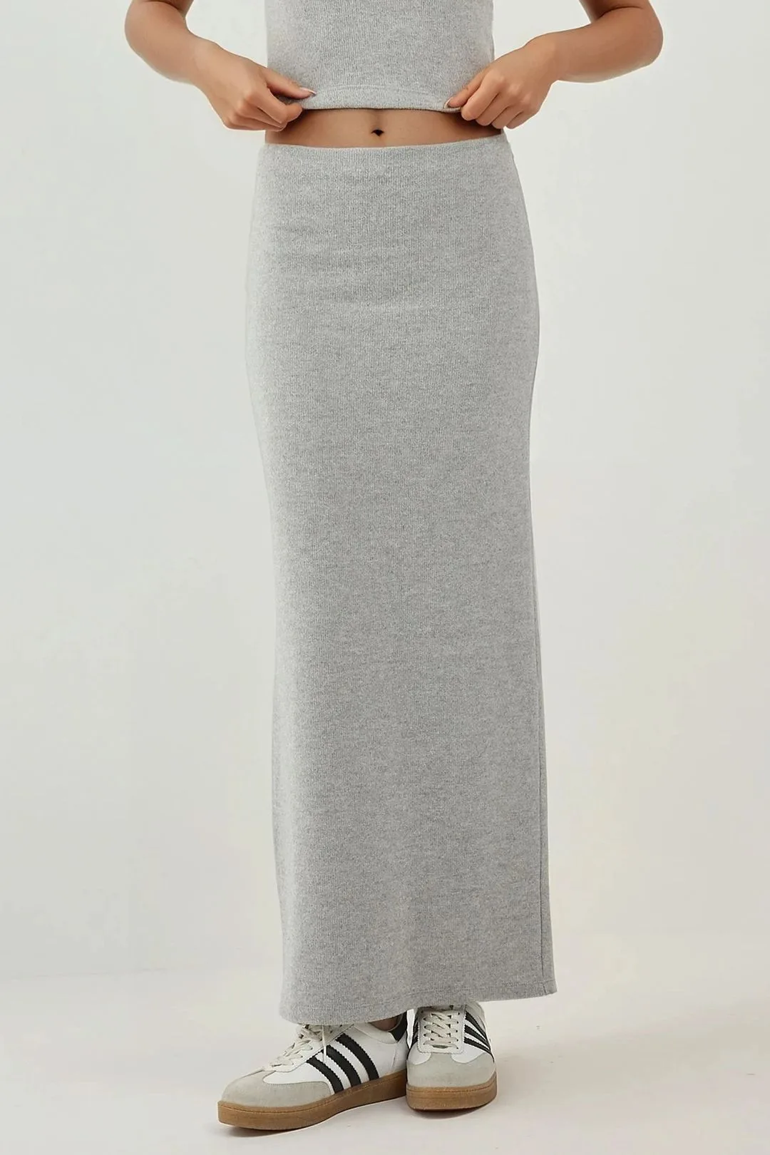 Womens Elastic Waist Soft Textured Skirt With Slit - Light Grey - Size Medium - Hiccup - FashionsVida