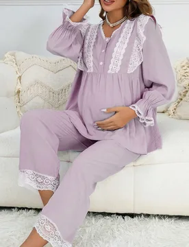 Conjunto de pijama de top con botones y pantalones con volantes, encaje y mangas con volantes para maternidad, ropa de otoño e invierno - Shein - FashionsVida
