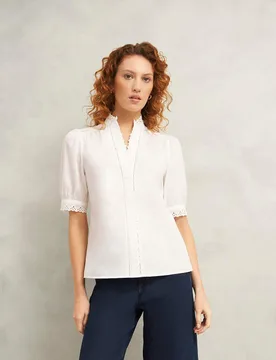 Pure Cotton Broderie Notch Neck Blouse White female - Hobbs - FashionsVida