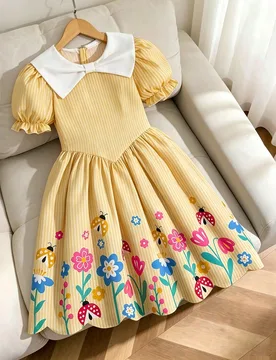 Vestido a rayas amarillas para adolescentes, cuello Peter Pan de verano con lazo, mangas abullonadas, estampado floral, vestido de princesa para niña - Shein - FashionsVida