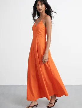 Women's Seam Detail Strappy Full Skirt Midi Dress in Orange Size: 10 - Orange - Size: 10 - Warehouse - FashionsVida