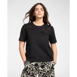 Camiseta de mujer de algodón con aplicaciones florales ajuste boxy y mangas cortas