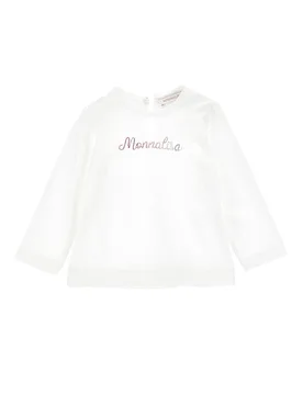 T-shirt bianca a manica lunga in cotone con logo rosa in strass - Monnalisa - FashionsVida