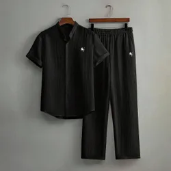 Piezas Conjunto de camisa de manga corta y pantalones casuales y holgados para hombre, atuendo cómodo