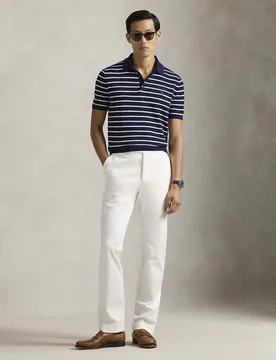 Polo blu a righe bianche in maglia di cotone e lino Polo regular-fit - Ralph Lauren - FashionsVida