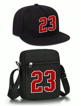 Pieza/2 piezas Conjunto de gorra de béisbol y bolso bandolera con estampado clásico del número 23, gorra de ala plana ajustable y bolso de hombro d - Shein - FashionsVida