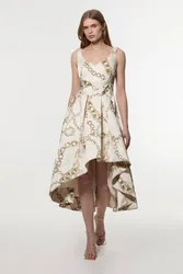 Structured Viscose Satin Chain Print Tailored Prom Maxi Dress - Multicolor - Size: 10
