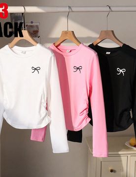 Piezas Camisetas ajustadas de manga larga con cuello redondo y gráfico de lazo para niñas, blusas casuales para uso diario, otoño